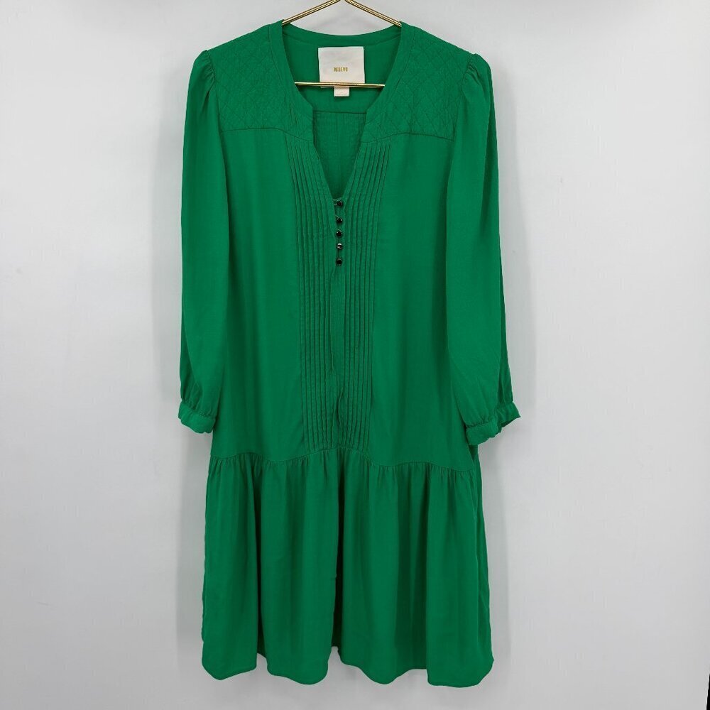 Anthropologie Maeve Emerald Green Pintuck Midi Dress Drop Waist 14 Pockets Plus
